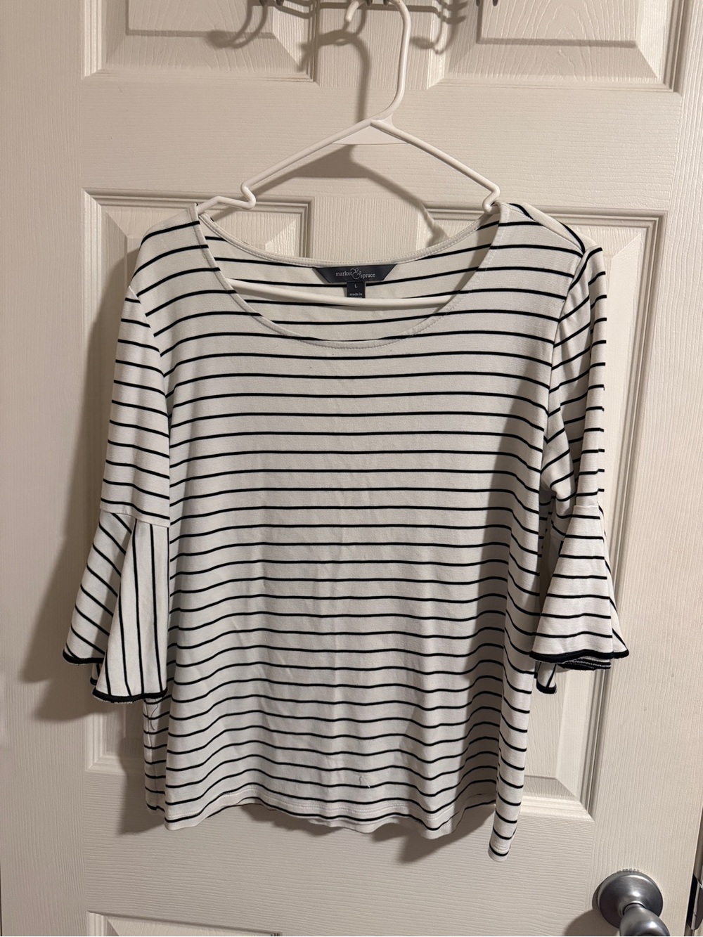 Market & Spruce White Top with Black Stripes and Bell Sleeves